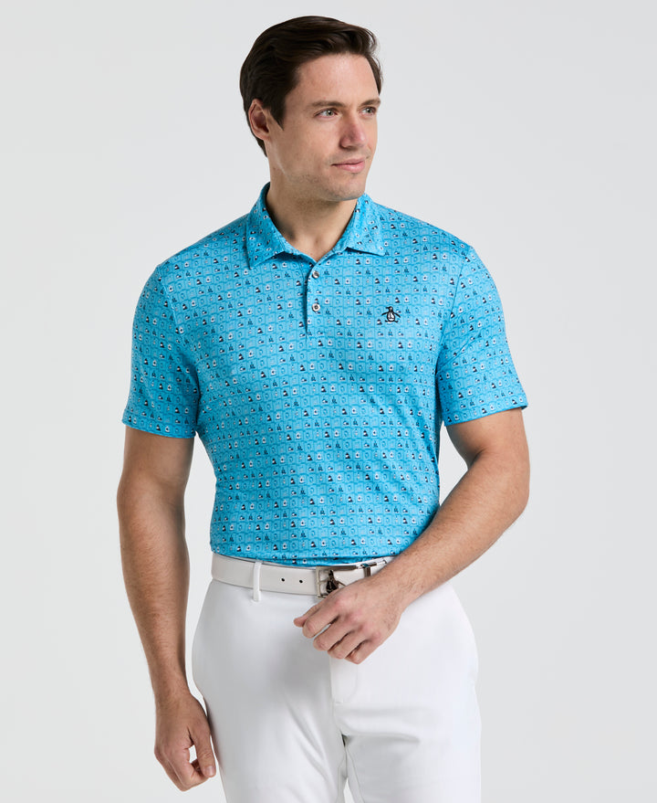 19th Hole Windowpane Print Golf Polo (Aquarius)