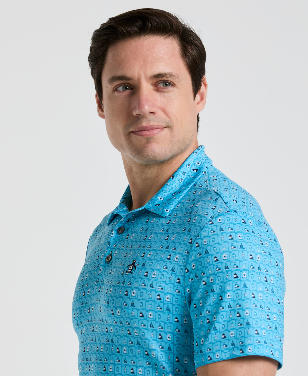 19th Hole Windowpane Print Golf Polo (Aquarius)