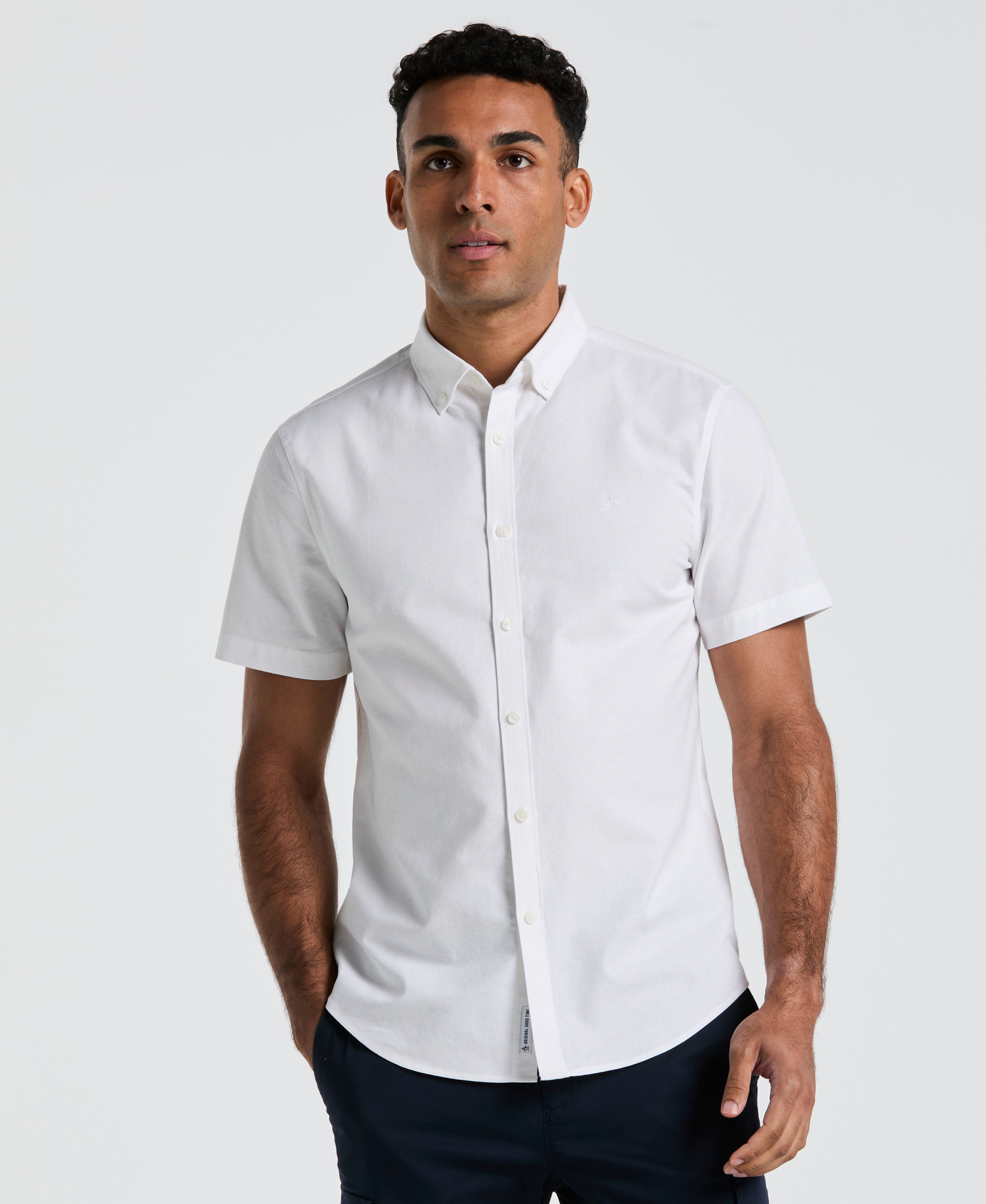 mens short sleeve oxford dress shirt Hawes & Curtis Regular Fit Navy Washed Oxford Shirt | Short Sleeve | Cotton | Plain
