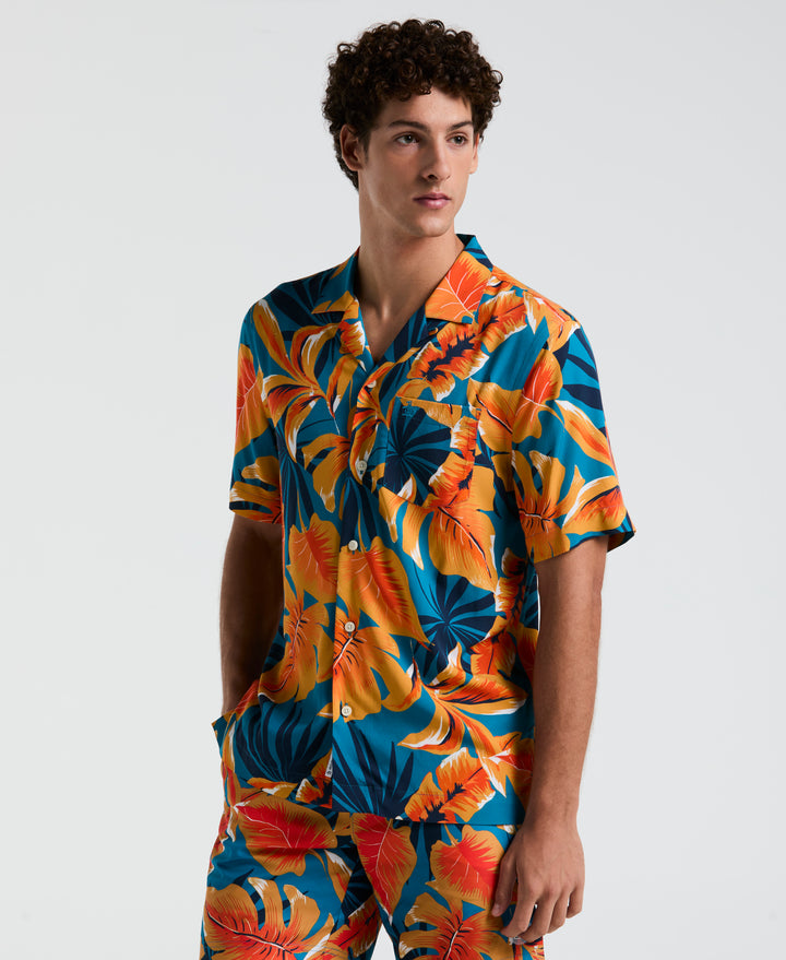 EcoVero™ Tropical Leaf Print Short Sleeve Shirt (Mosaic Blue)