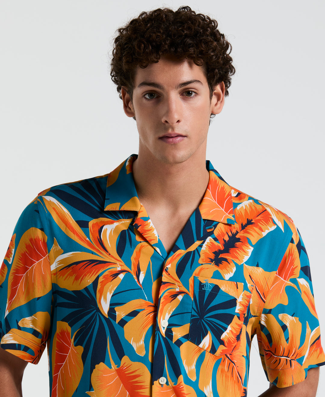 EcoVero™ Tropical Leaf Print Short Sleeve Shirt (Mosaic Blue)
