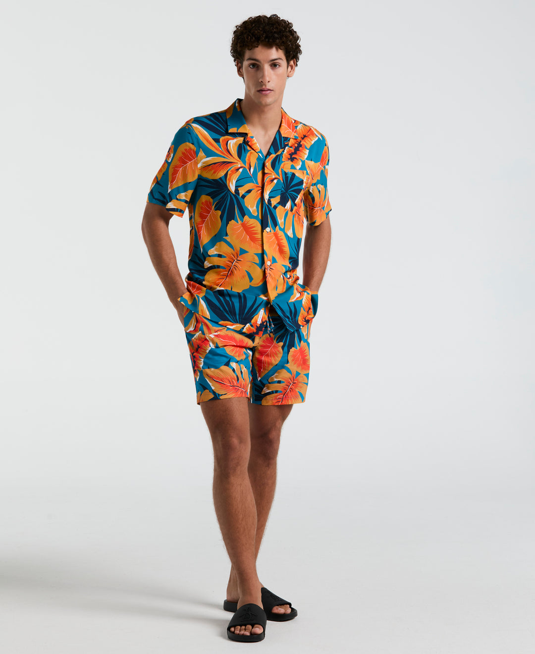 EcoVero™ Tropical Leaf Print Short Sleeve Shirt (Mosaic Blue)
