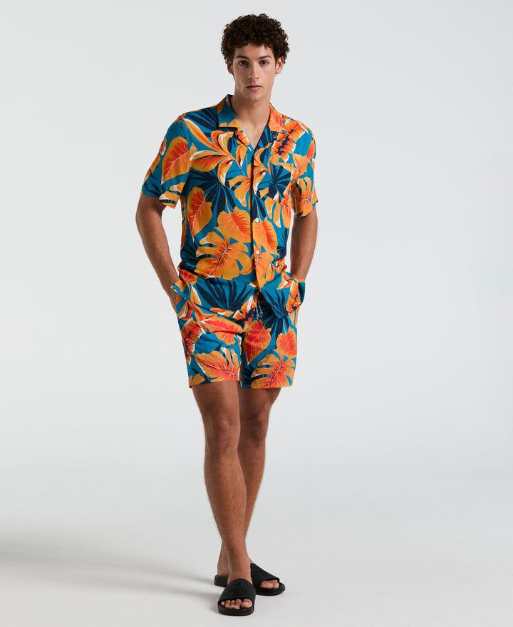 EcoVero™ Tropical Leaf Print Short Sleeve Shirt (Mosaic Blue)