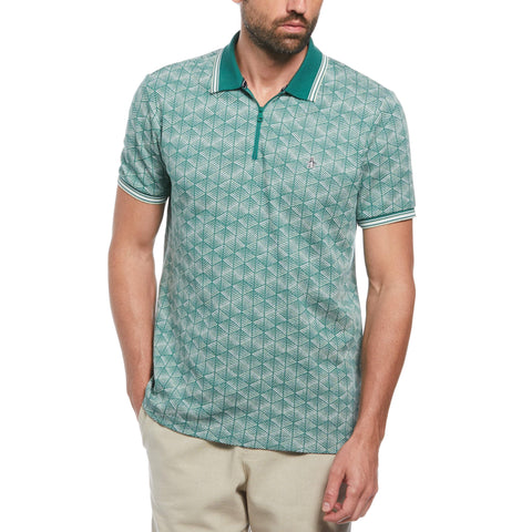 Jacquard Geometric Print 1/4 Zip Short Sleeve Polo Shirt (Antique Green) 
