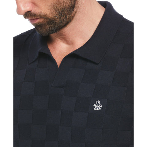 Jacquard Johnny Collar Short Sleeve Polo Sweater (Dark Sapphire) 