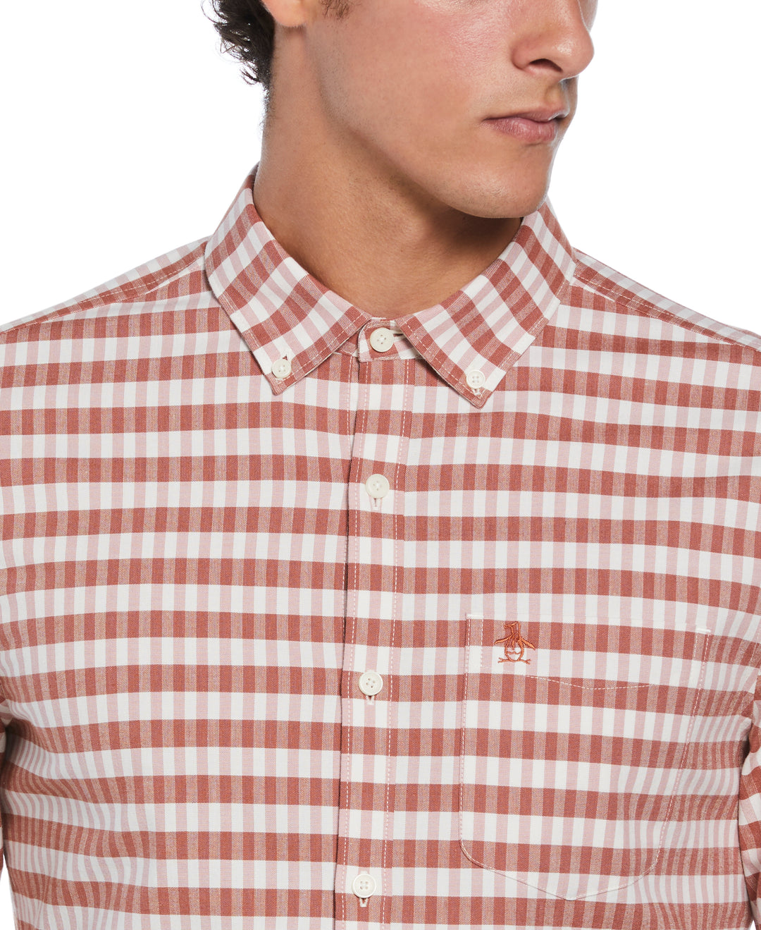 Long Sleeve Eco Chambray Stretch Plaid Shirt (Ginger Bread)