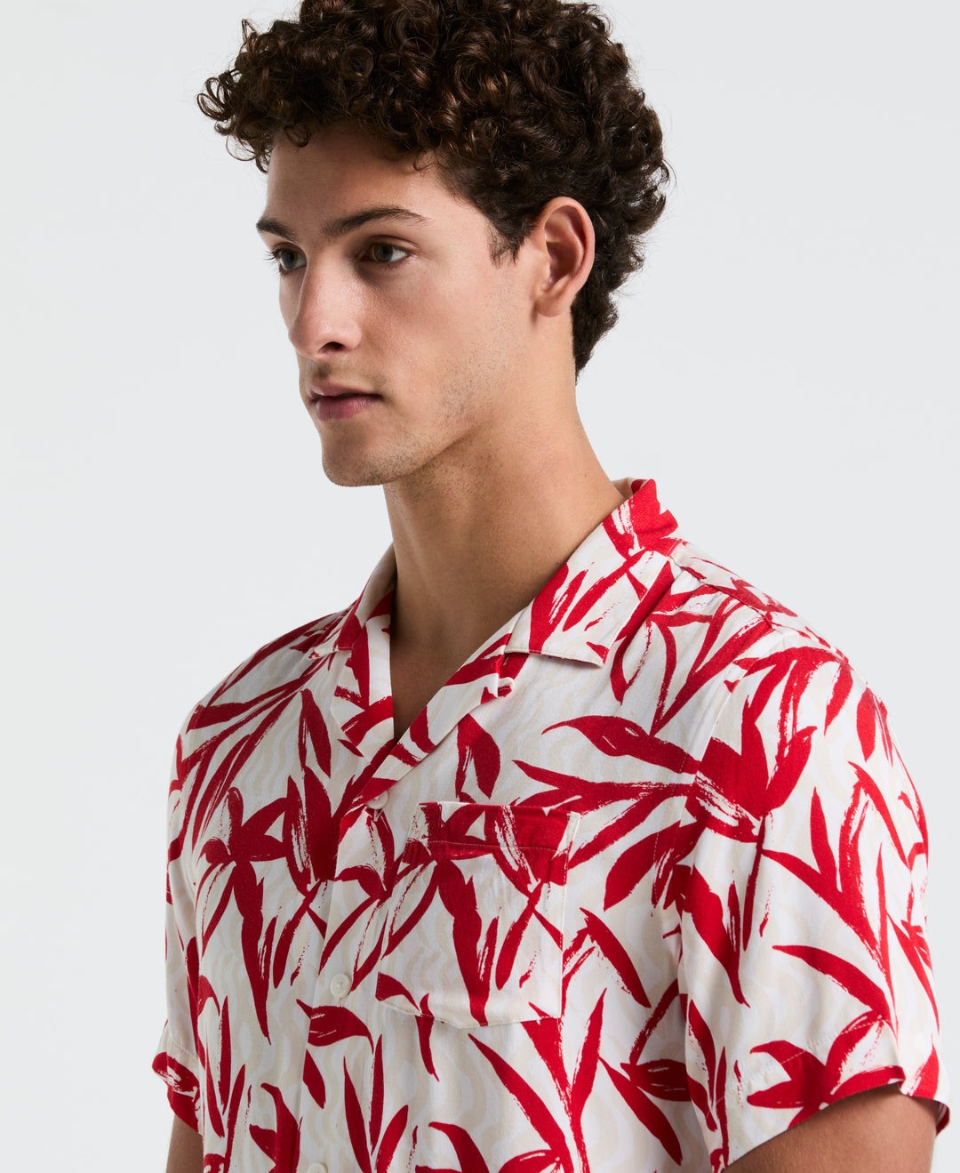 Wave Floral Print Camp Shirt (True Red)