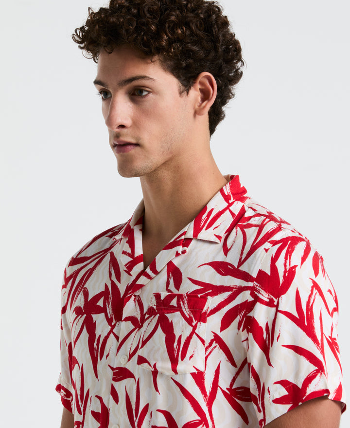 Wave Floral Print Camp Shirt (True Red)