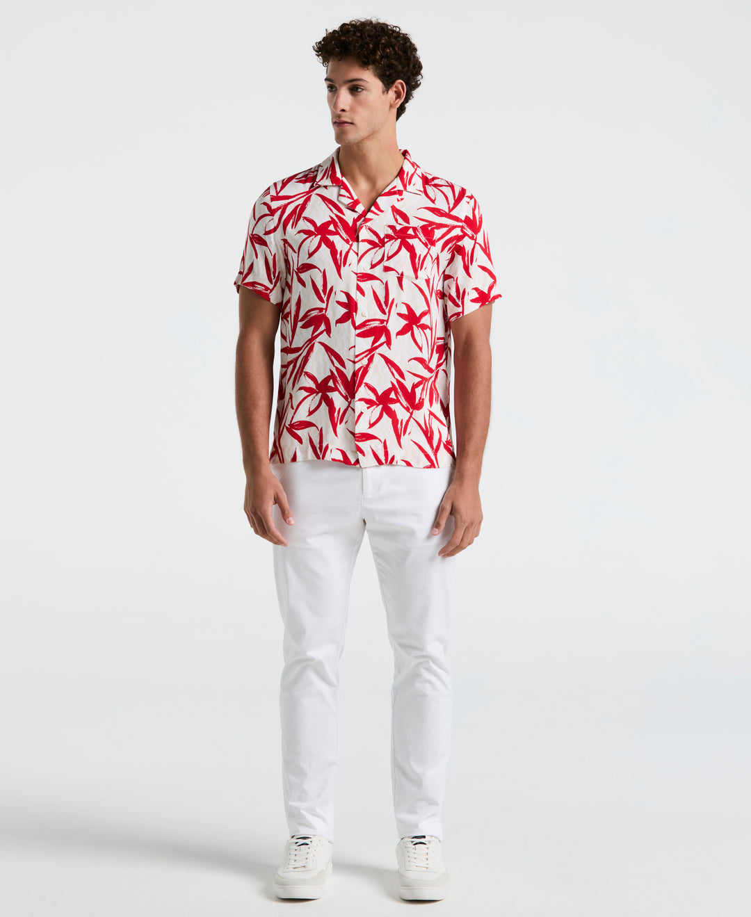Wave Floral Print Camp Shirt (True Red)