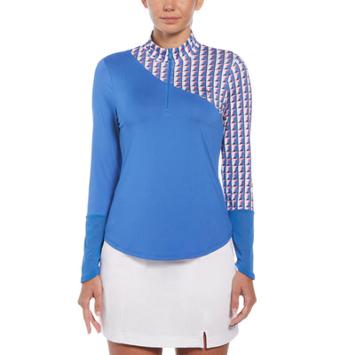 Women's Geo Block Sun Protection Long Sleeve Tennis Shirt (Nebulas Blue) 