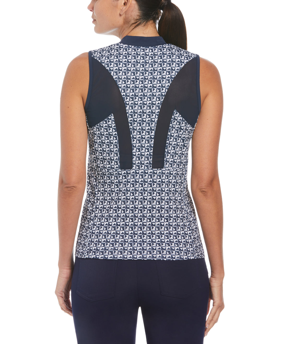 Geometric Print Sleeveless Golf Polo with Mesh Back (Black Iris)