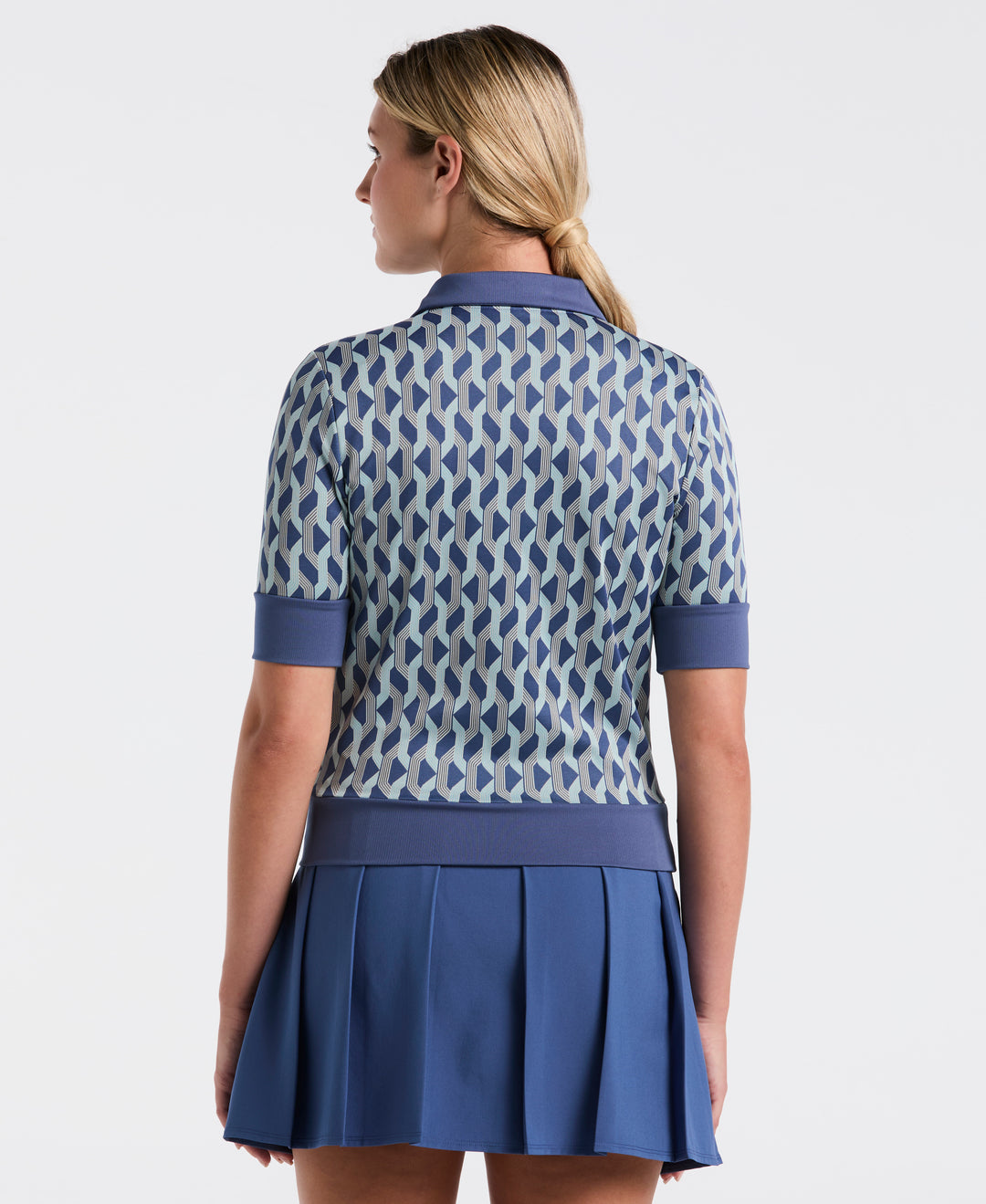 Women's 1/2 Sleeve Waist Length Geometric Polo (True Navy)