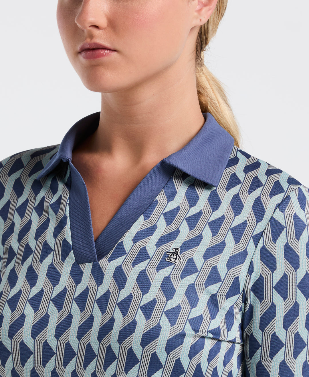 Women's 1/2 Sleeve Waist Length Geometric Polo (True Navy)