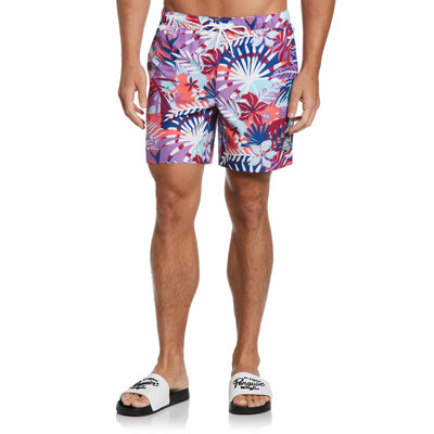 Bright Palm Print Swim Shorts (Hot Coral) 