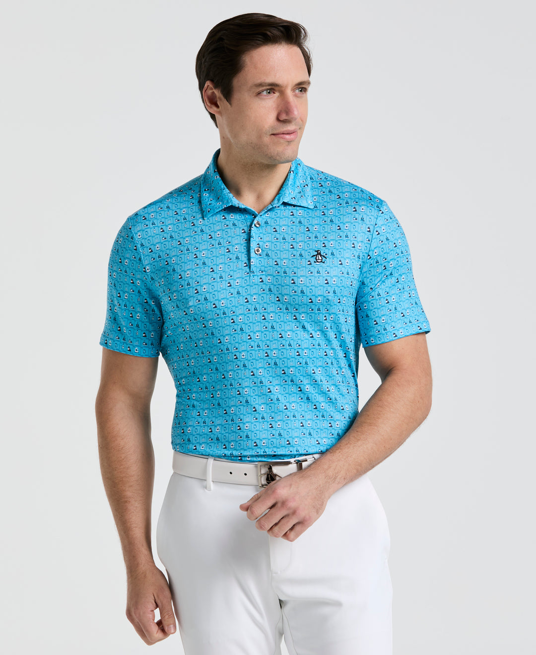 19th Hole Windowpane Print Golf Polo (Aquarius) 