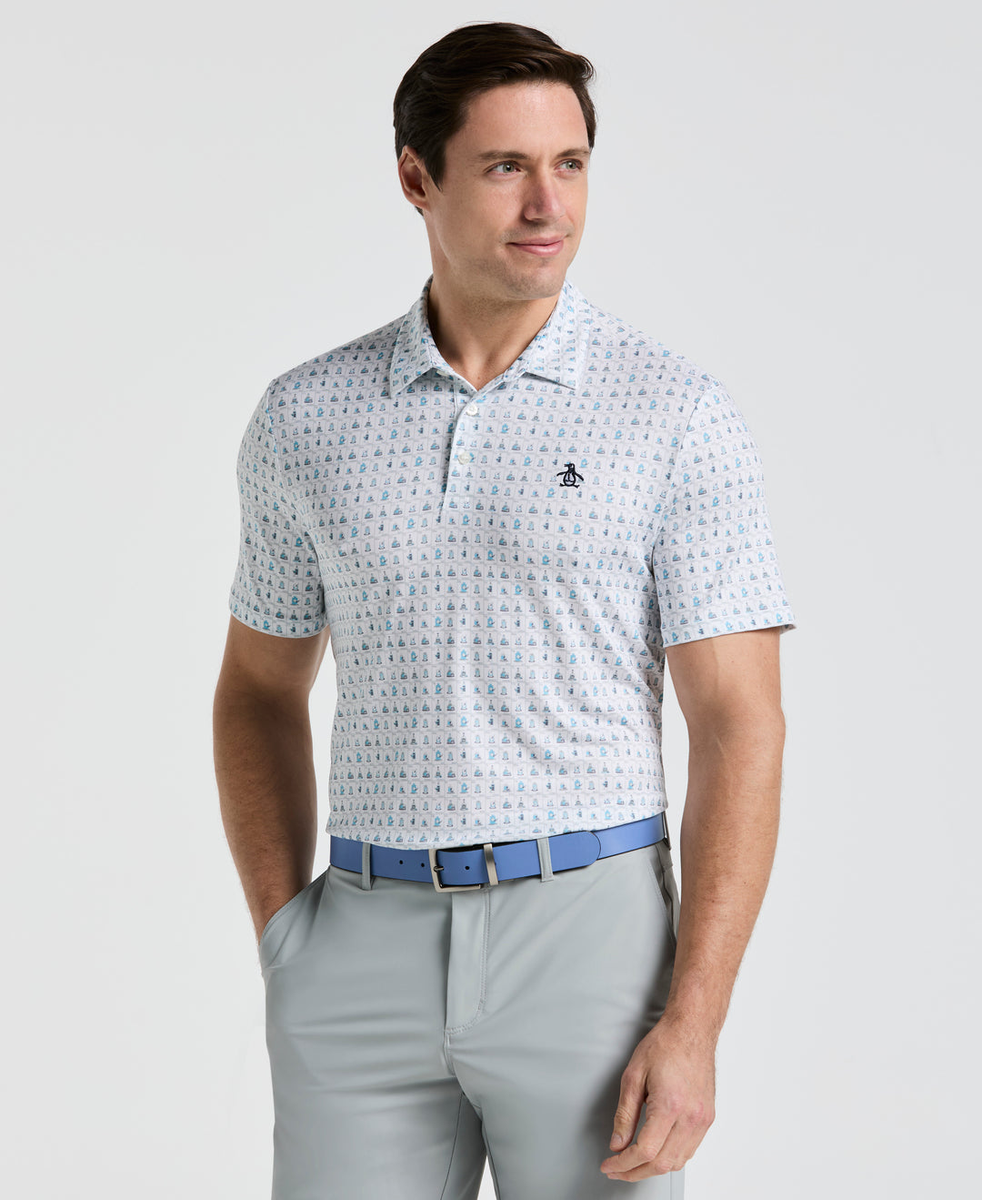 19th Hole Windowpane Print Golf Polo (Bright White) 