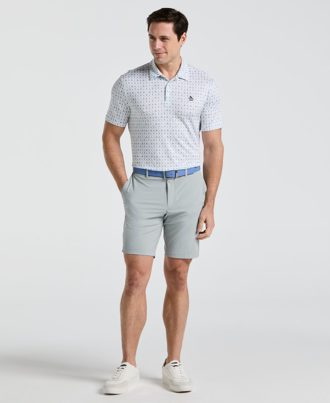 19th Hole Windowpane Print Golf Polo (Bright White) 