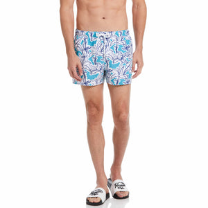 4" Allover Linear Palm Print Slim Fit Swim Short (Blue Moon) 
