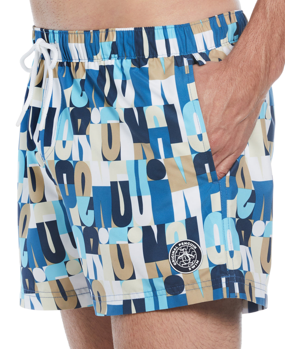 4" Allover Multi Color Logo Print Slim Fit Swim Short (Vallarta Blue) 