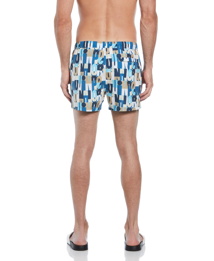 4" Allover Multi Color Logo Print Slim Fit Swim Short (Vallarta Blue) 