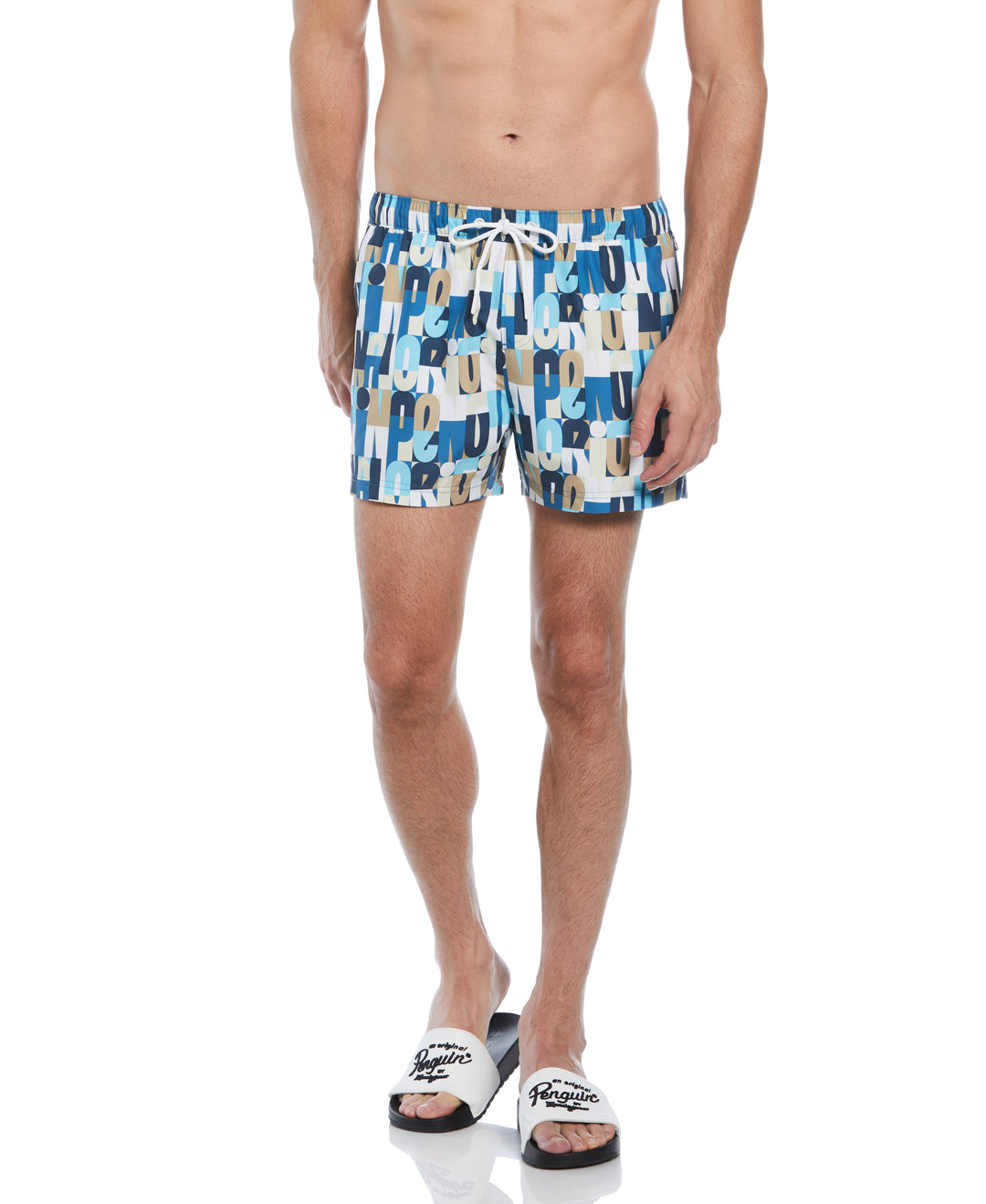 4" Allover Multi Color Logo Print Slim Fit Swim Short (Vallarta Blue) 