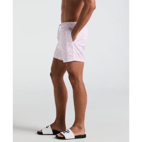5" All-Over Geo Palms Print Swim Shorts (Parfait Pink) 