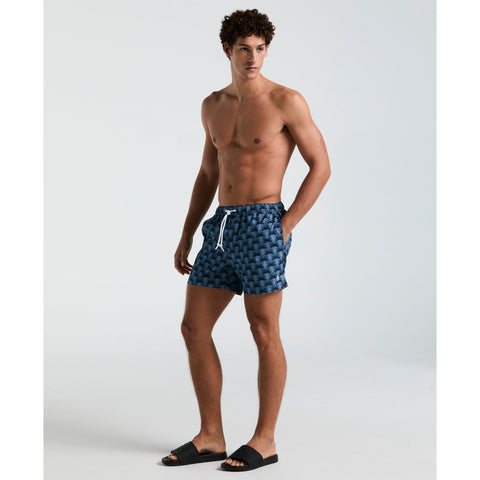 5" All-Over Geo Palms Print Swim Shorts (Dark Sapphire) 