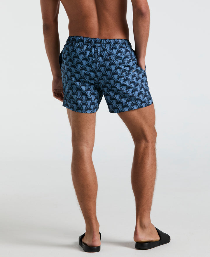 5" All-Over Geo Palms Print Swim Shorts (Dark Sapphire) 