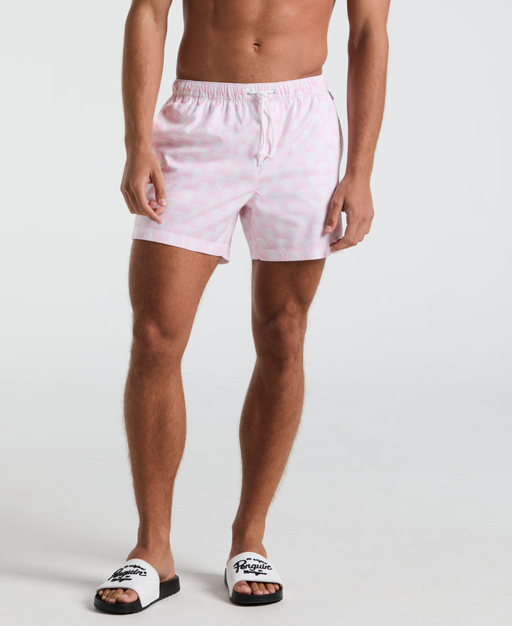 5" All-Over Geo Palms Print Swim Shorts (Parfait Pink) 