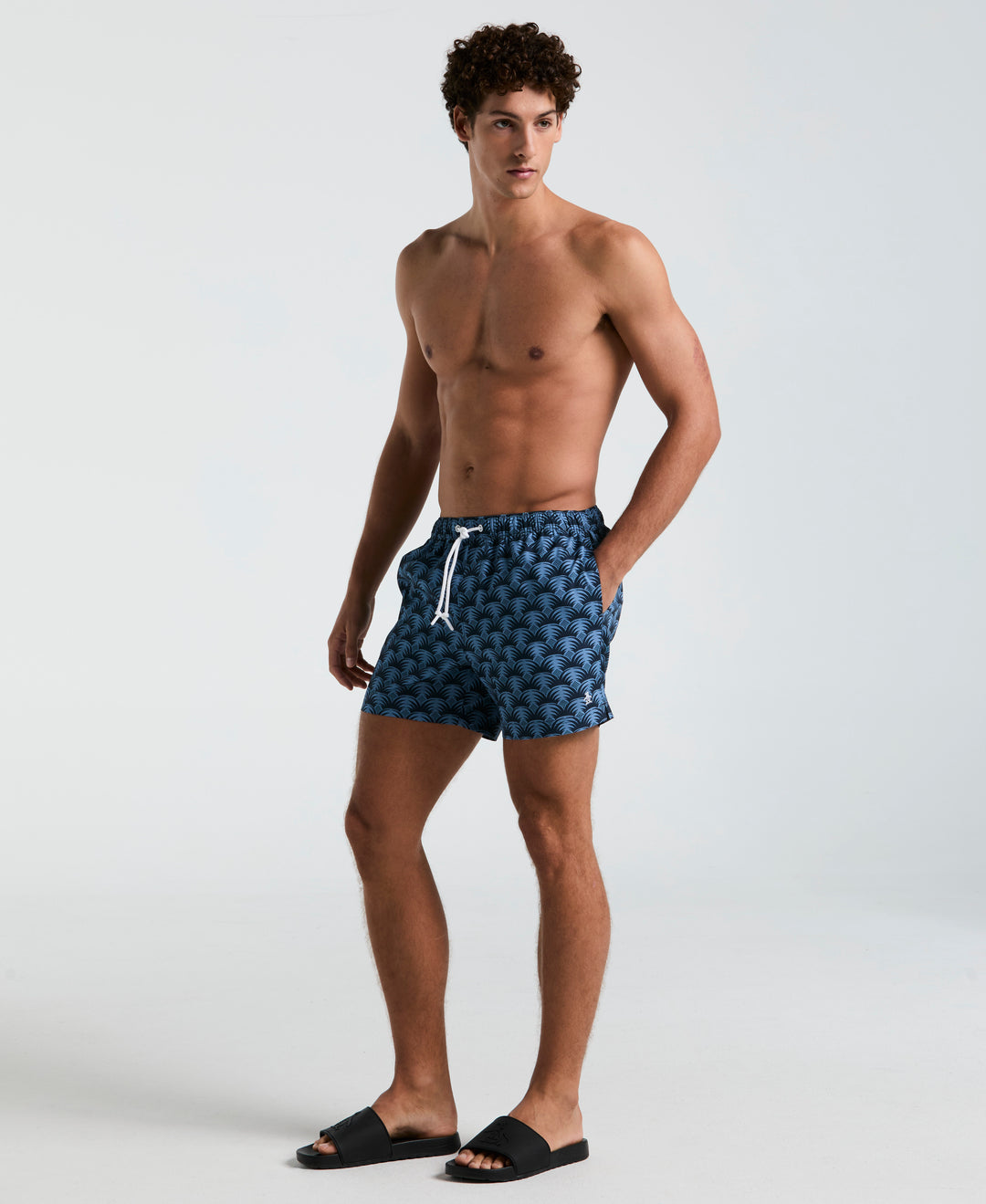 5" All-Over Geo Palms Print Swim Shorts (Dark Sapphire) 
