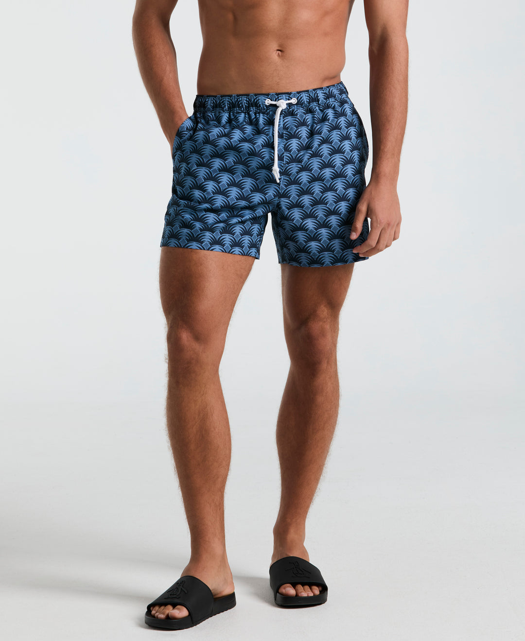 5" All-Over Geo Palms Print Swim Shorts (Dark Sapphire) 