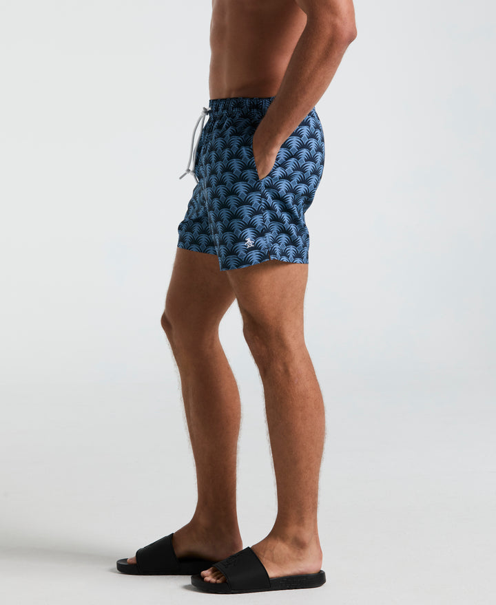 5" All-Over Geo Palms Print Swim Shorts (Dark Sapphire) 