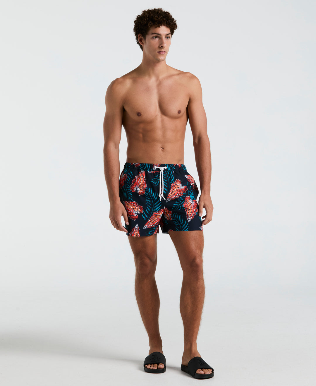 5" All-Over Leaves Print Swim Shorts (Dark Sapphire) 
