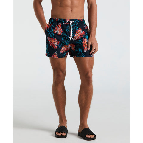 5" All-Over Leaves Print Swim Shorts (Dark Sapphire) 