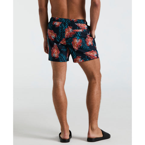 5" All-Over Leaves Print Swim Shorts (Dark Sapphire) 