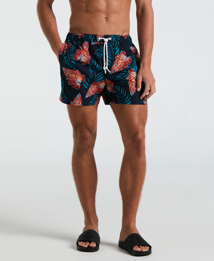 5" All-Over Leaves Print Swim Shorts (Dark Sapphire) 