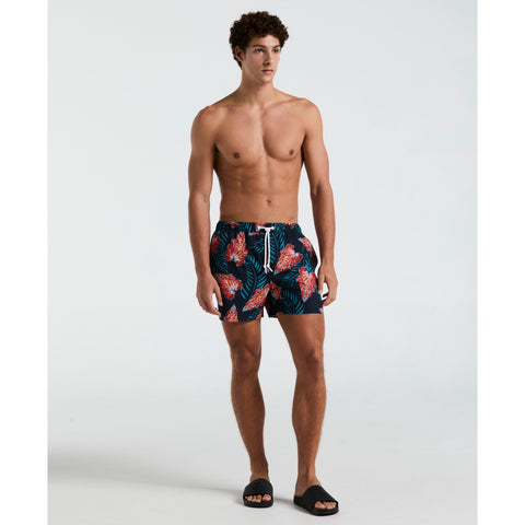 5" All-Over Leaves Print Swim Shorts (Dark Sapphire) 