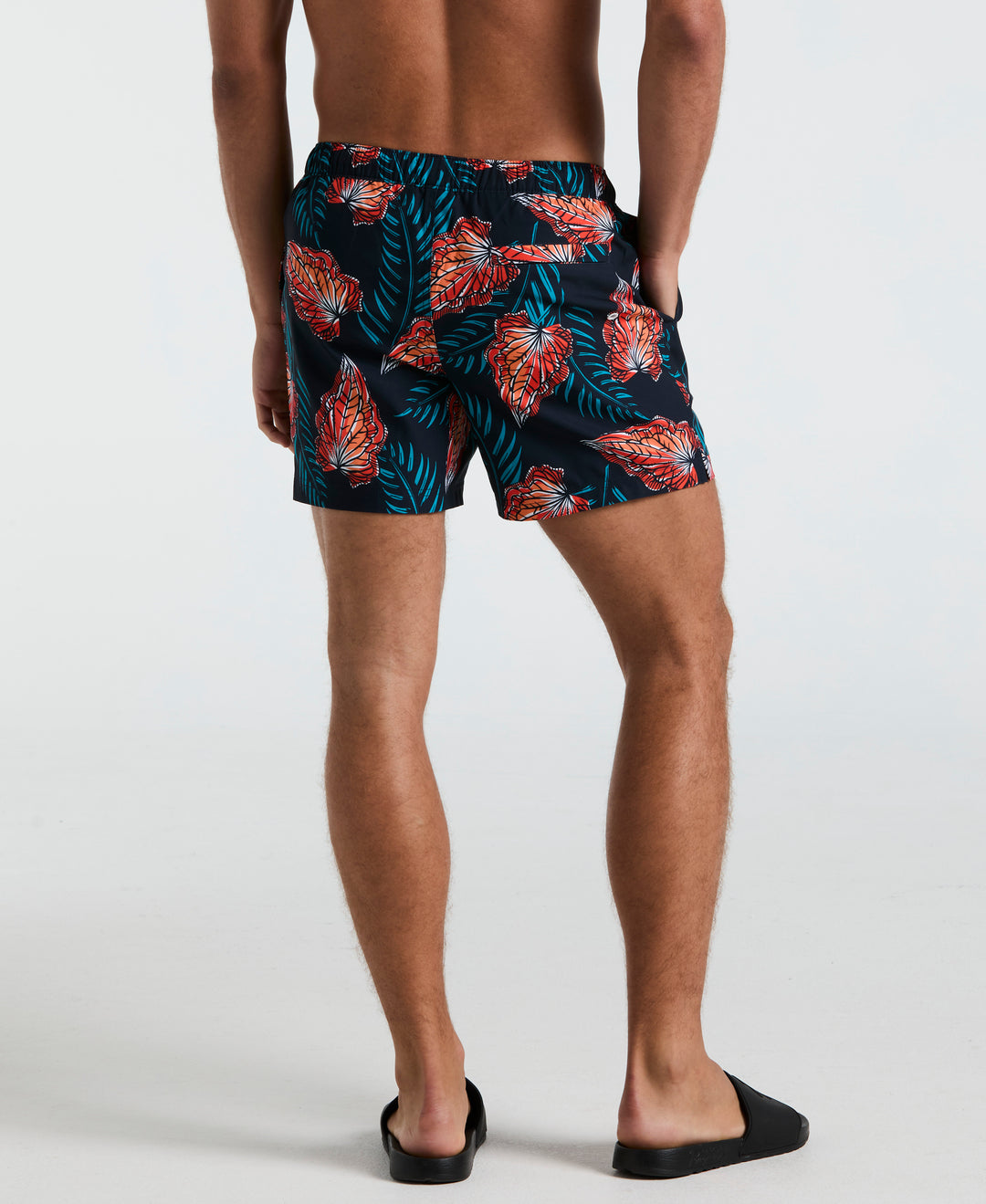 5" All-Over Leaves Print Swim Shorts (Dark Sapphire) 