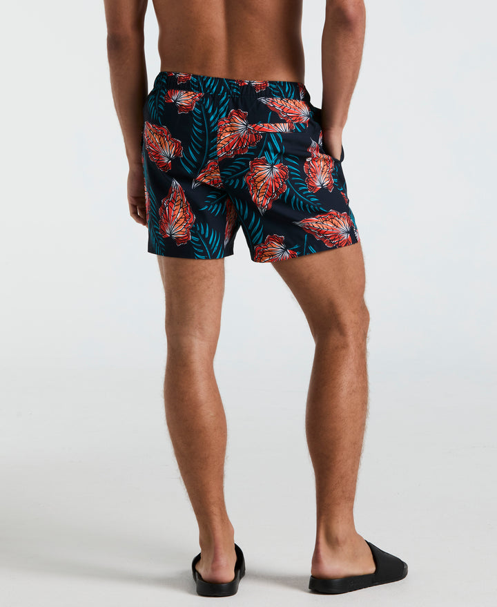 5" All-Over Leaves Print Swim Shorts (Dark Sapphire) 