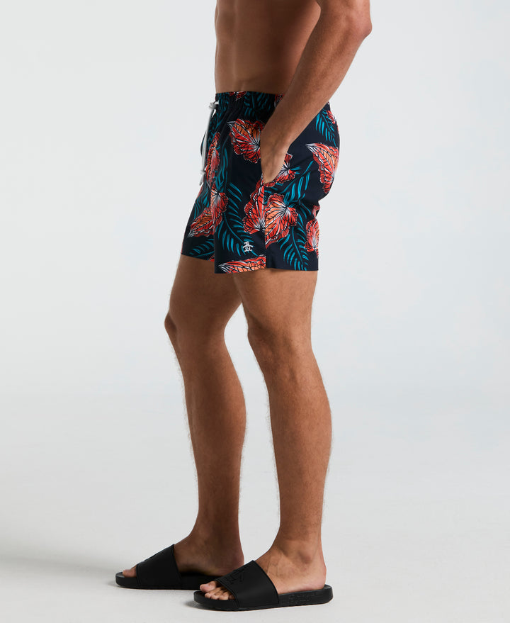 5" All-Over Leaves Print Swim Shorts (Dark Sapphire) 