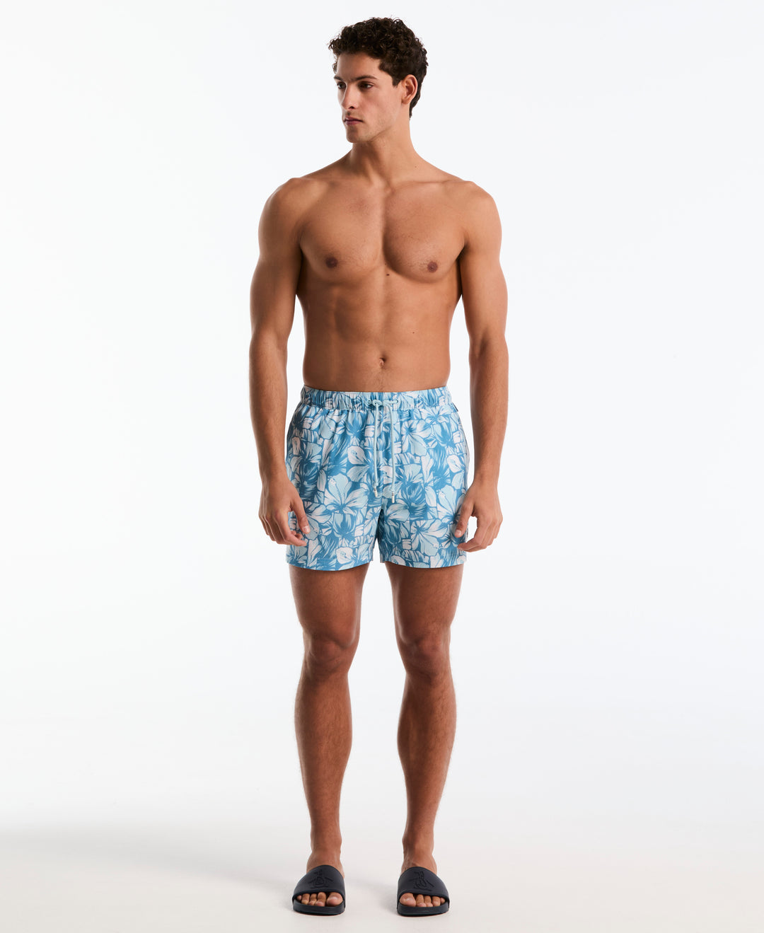 5" Box All-Over Hibiscus Print Swim Shorts (Cool Blue) 