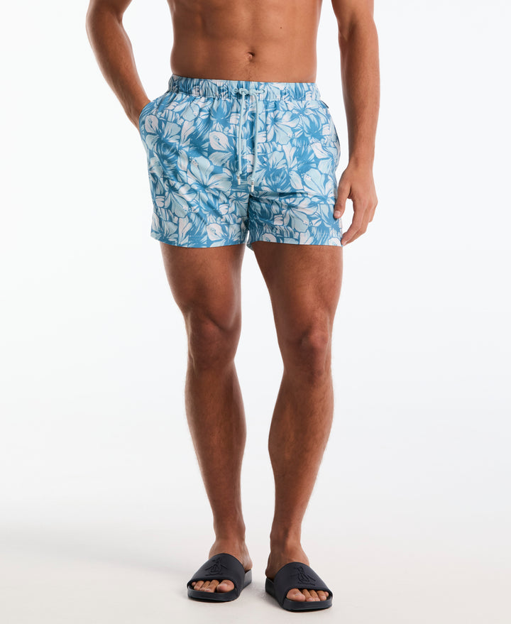 5" Box All-Over Hibiscus Print Swim Shorts (Cool Blue) 