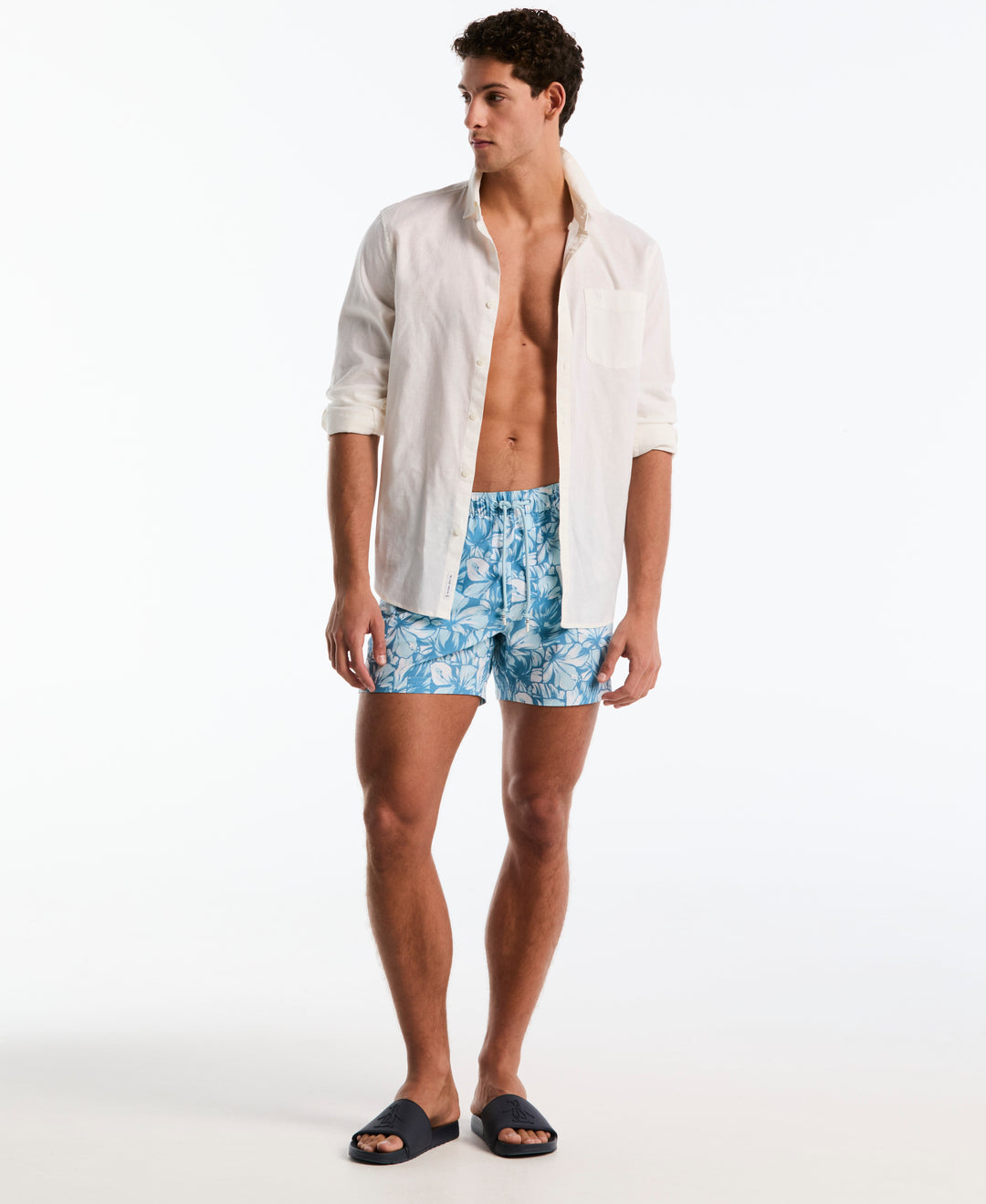 5" Box All-Over Hibiscus Print Swim Shorts (Cool Blue) 