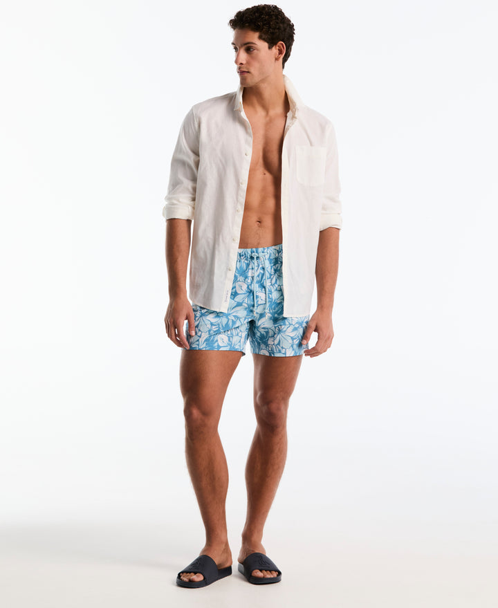 5" Box All-Over Hibiscus Print Swim Shorts (Cool Blue) 