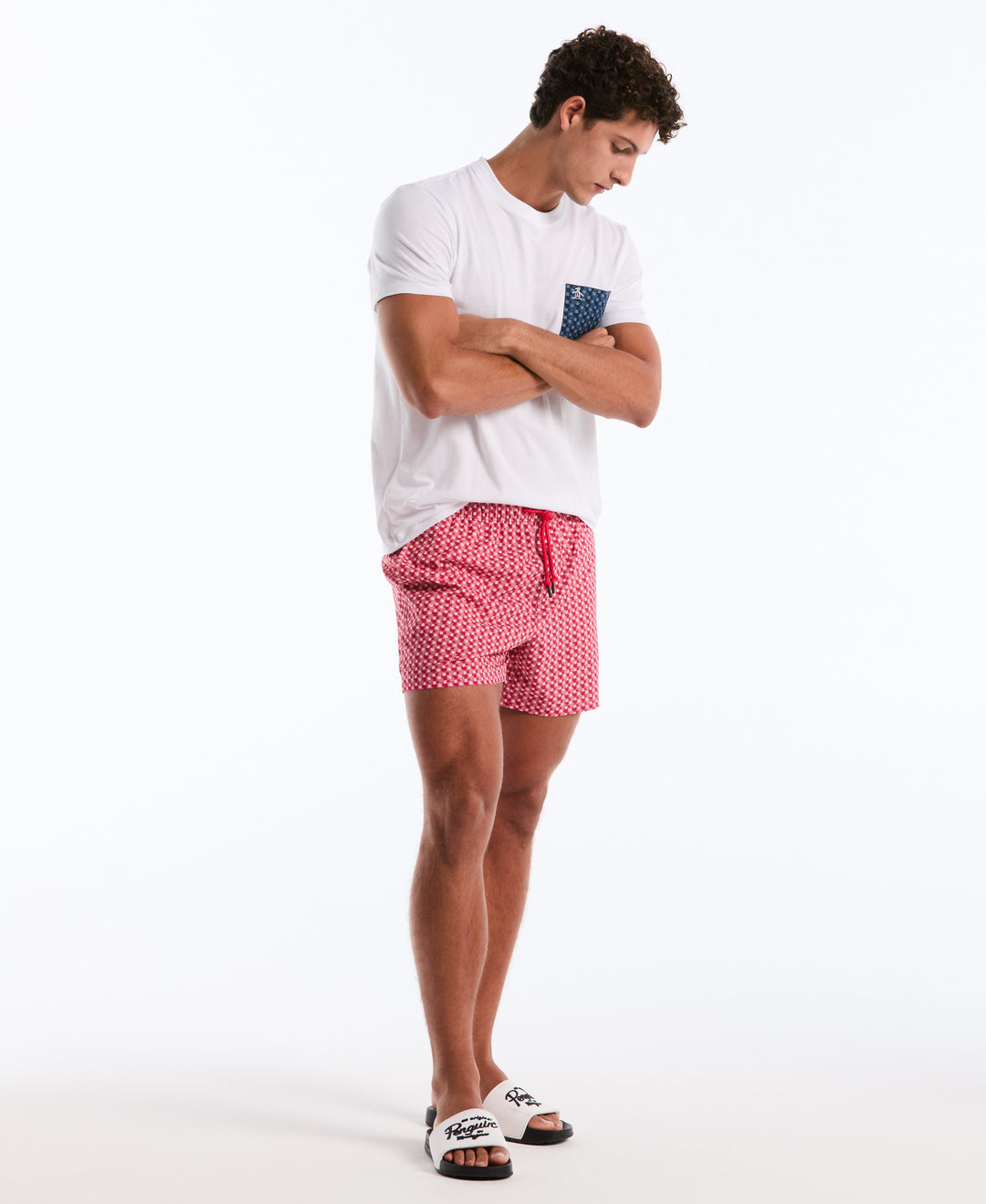 5 Inch Geometric Print Swim Shorts (Raspberry Wine) 
