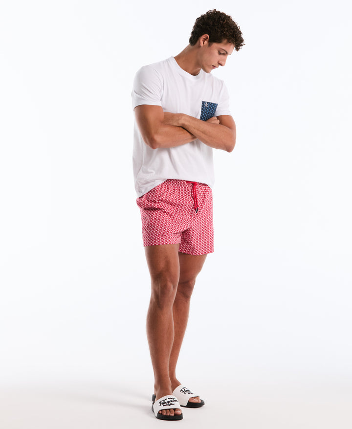 5 Inch Geometric Print Swim Shorts (Raspberry Wine) 