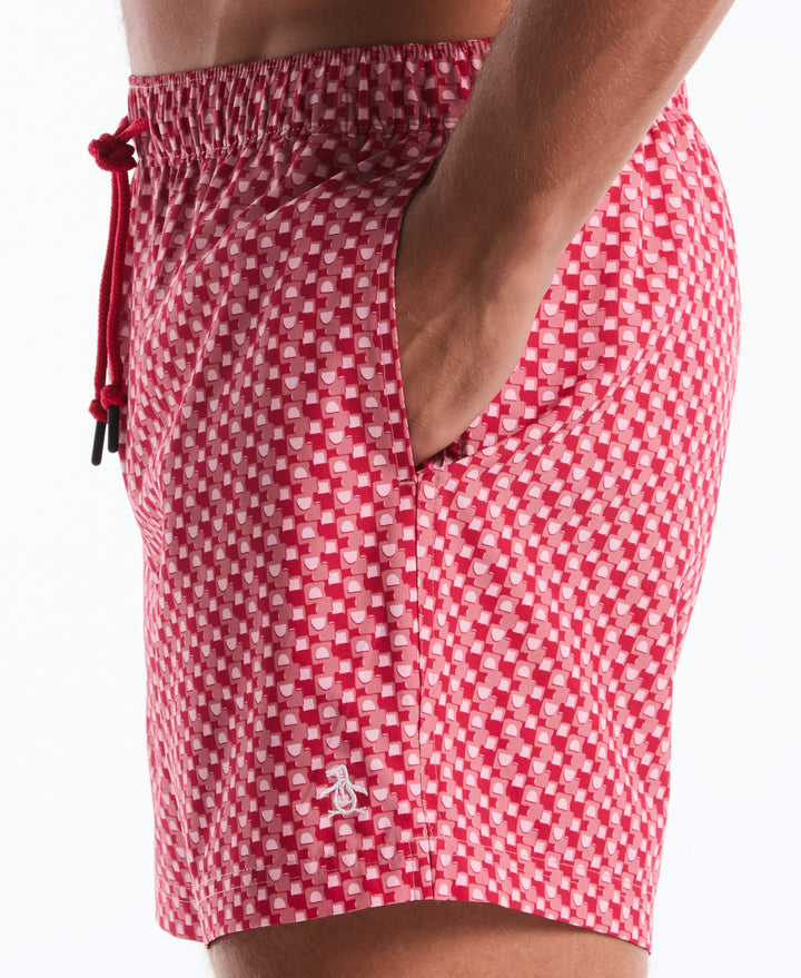 5 Inch Geometric Print Swim Shorts (Raspberry Wine) 