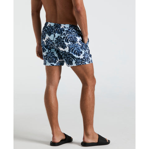 5" Monstera Print Swim Short (Crystal Blue) 