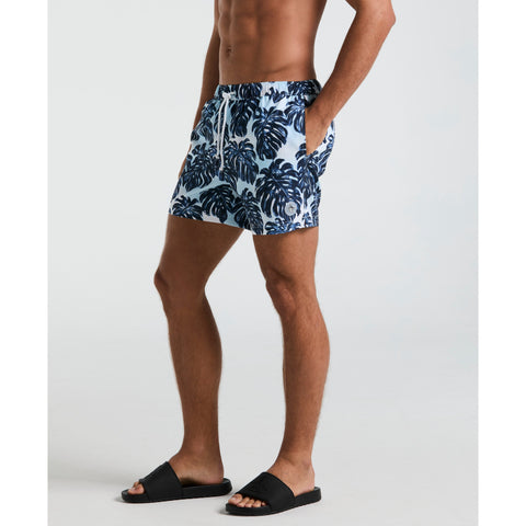 5" Monstera Print Swim Short (Crystal Blue) 