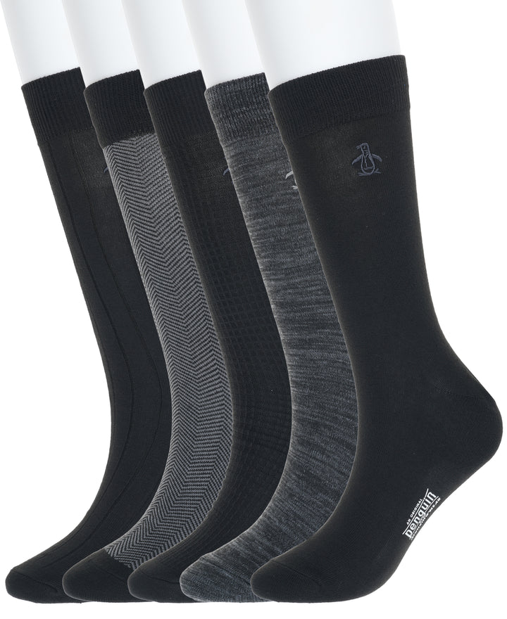 5 Pack Mix Text Solid Dress Socks (Black) 